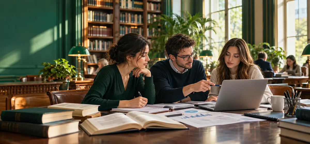 Kütüphanede literatür incelemesi, bilgisayar ve akademik notlar üzerinde çalışan araştırmacılar